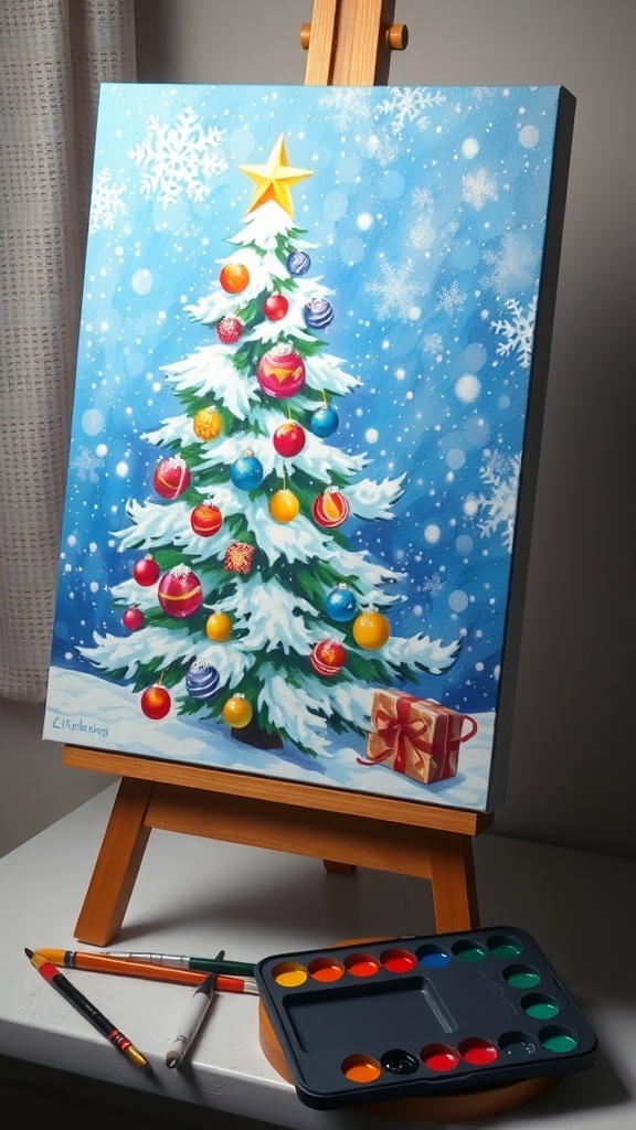 Acrylic painting of a decorated Christmas tree in the snow, with paint supplies in the foreground.